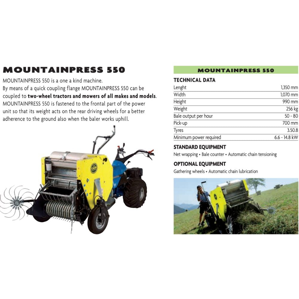 Tekniska specifikationer och måtttabell för caeb mountain press 550.