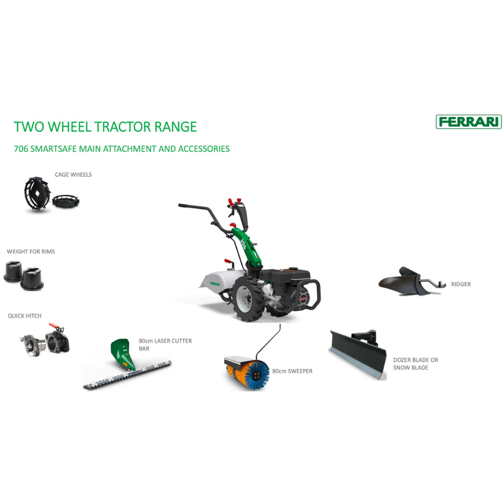 Ferrari 306 Smartsafe tvåhjulstraktor med visade tillbehör som hjul, fälgvikter, snabbfäste, laserbalk 80 cm, borstsläp 80 cm, och snöblad