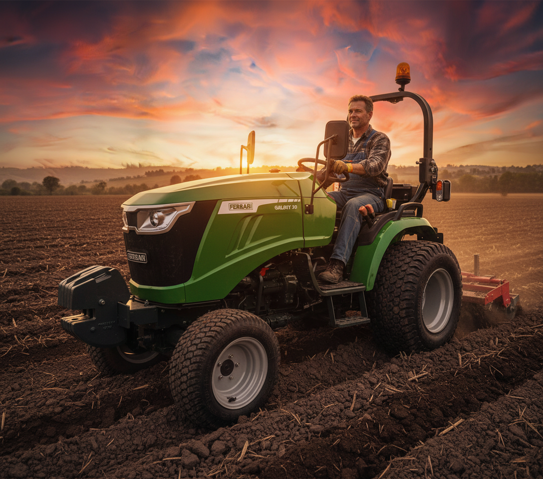 Ferrari Galaxy 30 traktor i arbete på fält som visar mekanisk fyrhjulsdrift och bra markgrepp vid körning i ojämn terräng.
