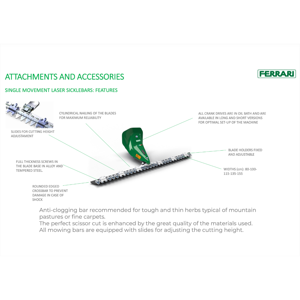 Ferrari Slåtterbalk Laser – genomgång av blad, höjdjustering, oljebadsväxel och komponenter för effektiv slåtter.