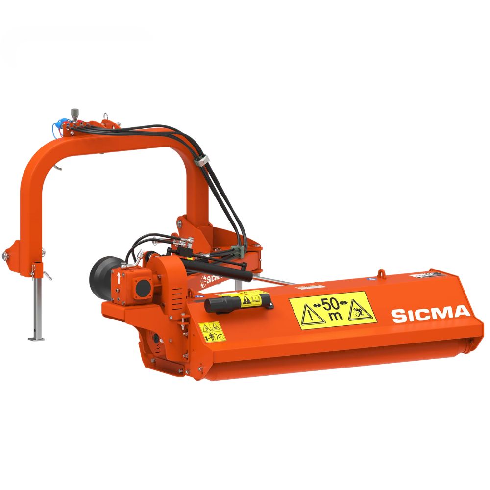 Sicma MA 140 släntklippare för traktor sedd framifrån – orange hydraulisk slåttermaskin med sidoarm