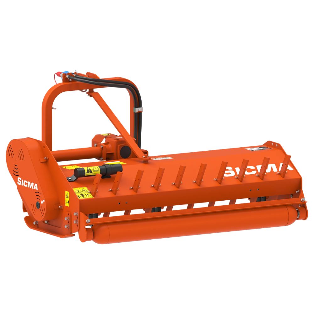 Sicma SL 155 betesputs för traktor sedd bakifrån – orange förskjutbar slaghack med hydraulslangar, 155 cm arbetsbredd och 3-punktskoppling kat. 1