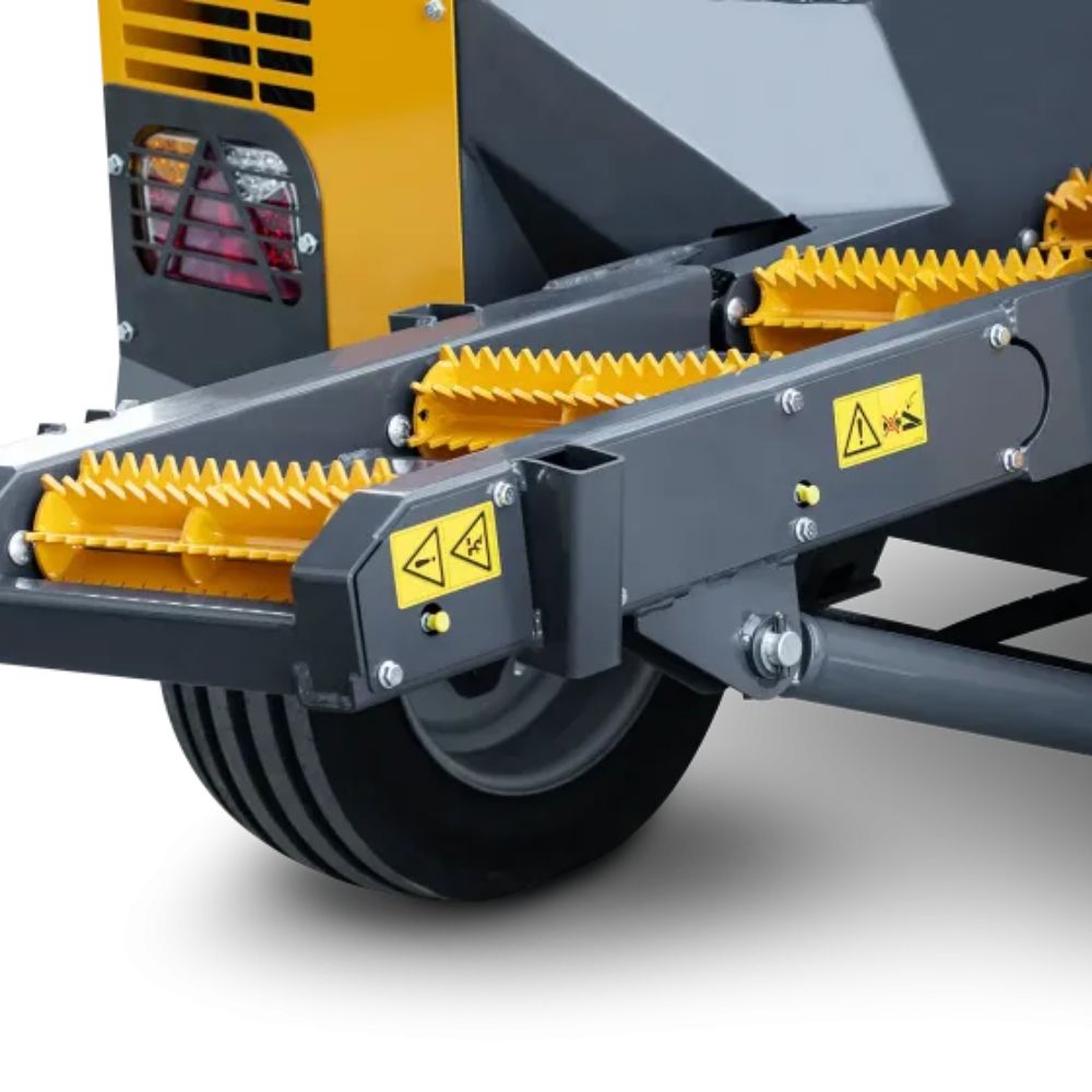 Uniforest Titan 40/20 vedprocessor sidovy - komplett vedbearbetningsmaskin med teleskopiskt transportband