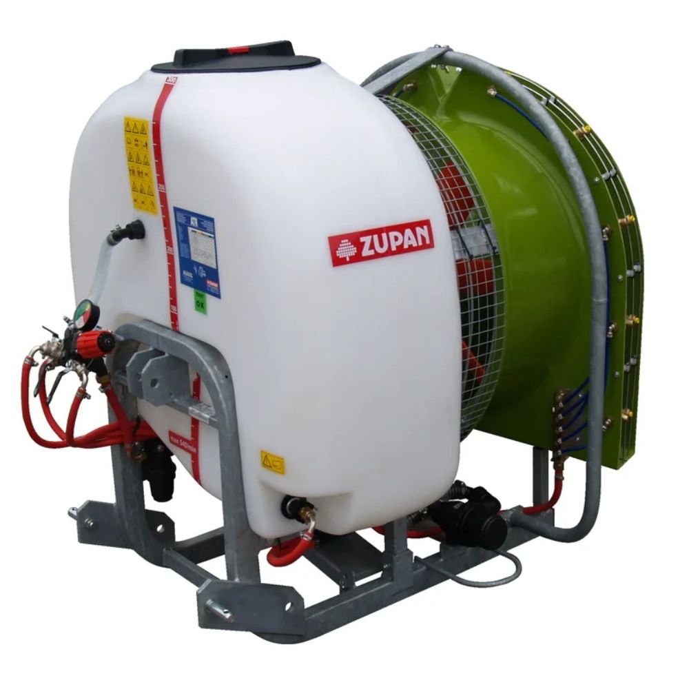 Zupan fläktspruta med kraftfull fläkt och kemtank, idealisk för professionell växtskyddsbehandling.