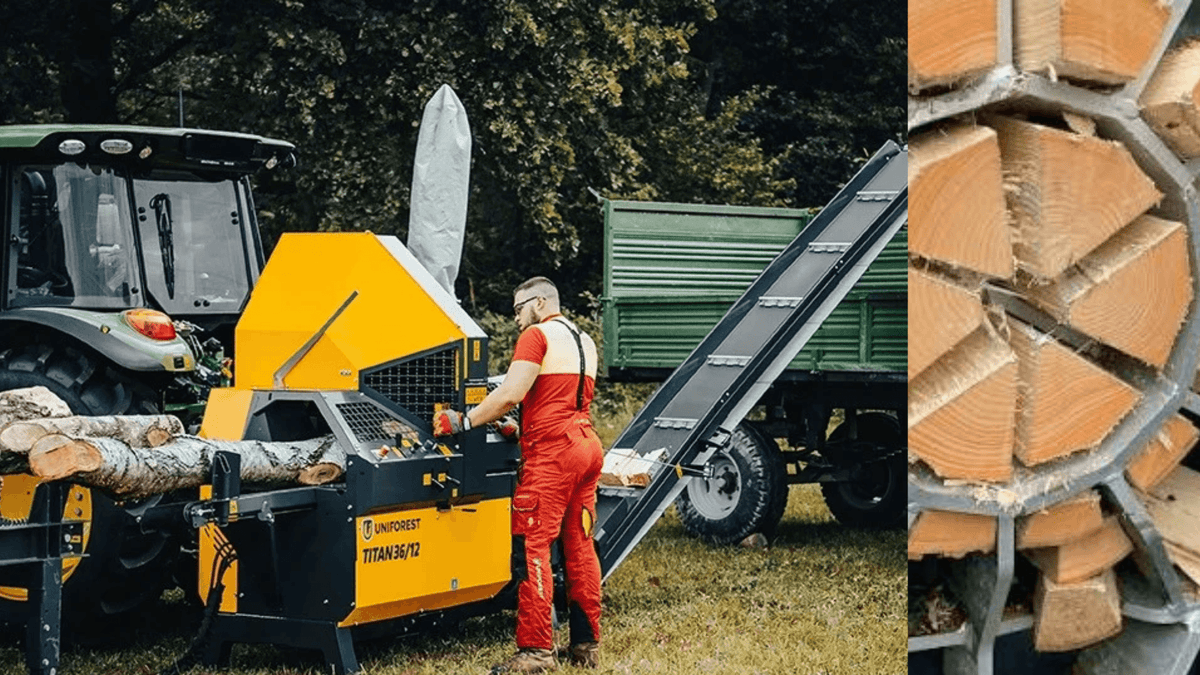 Uniforest Titan 36/12 i arbete och närbild på kluven ved, omslagsbild till en jämförelse av tre vedprocessorer.