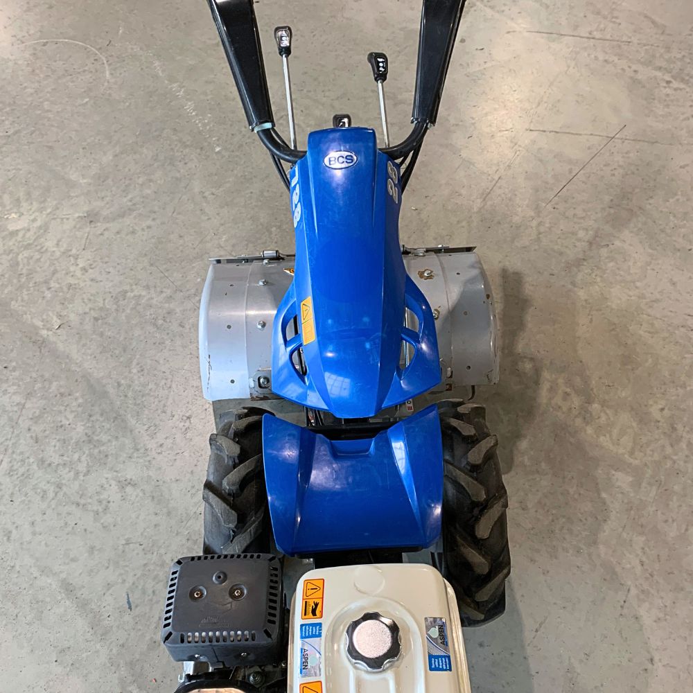 Begagnad BCS 728 tvåhjulstraktor komplett sidovy med 66 cm jordfräs och Honda-motor GX270