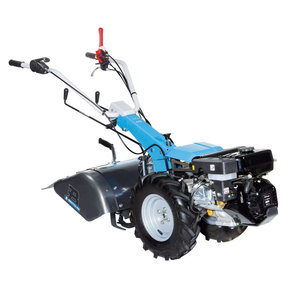 Bertolini 405 S Honda GX200 tvåhjulstraktor – blå professionell maskin med rotor för mindre lantbruk och småbruk