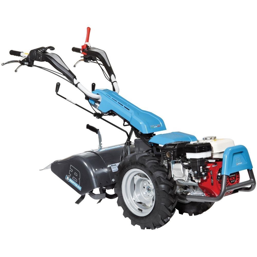 Enaxlad traktor Bertolini 407 S med Honda bensinmotor och monterad jordfräs.