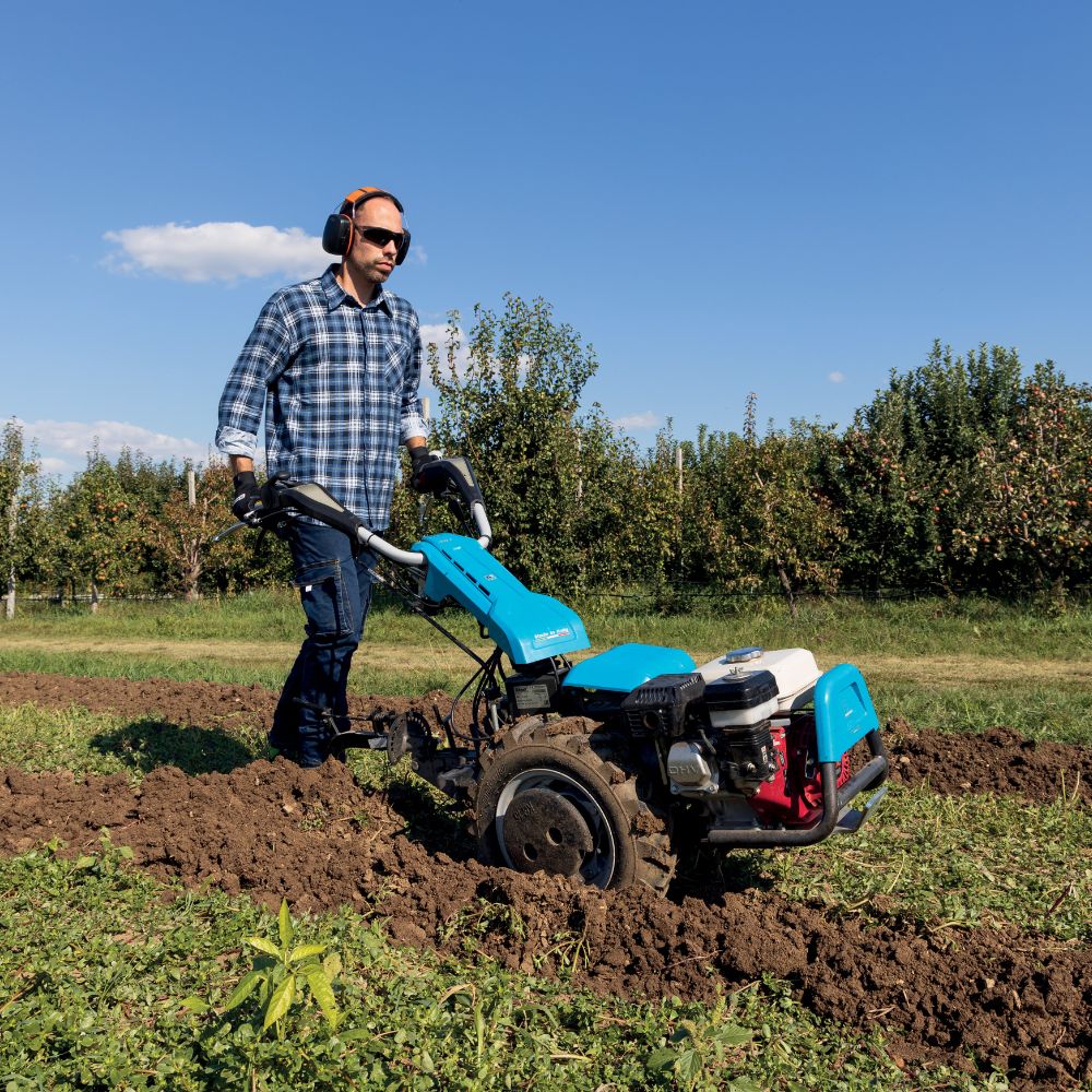 Odlare bearbetar jord med en Bertolini tvåhjulstraktor med Honda bensinmotor och monterad jordfräs.