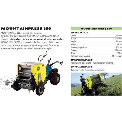 Tekniska specifikationer och måtttabell för caeb mountain press 550.