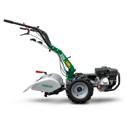 Sidovy av Ferrari 306 Smartsafe tvåhjulstraktor med jordfräs