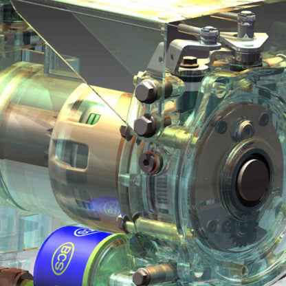 Teknisk detaljbild som visar PowerSafe-kopplingen och motorfäste på Ferrari 506 PowerSafe tvåhjulstraktor.