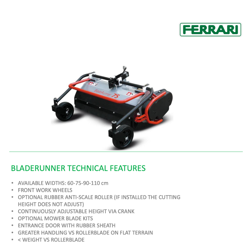 Tekniska specifikationer för Ferrari Bladerunner 75 slåttermaskin med arbetsbredd 60–110 cm
