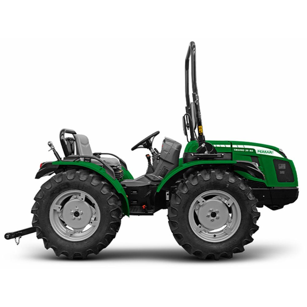Grön Ferrari Cromo 35 AR midjestyrd kompakttraktor sedd från sidan med störtbåge och lantbruksdäck.