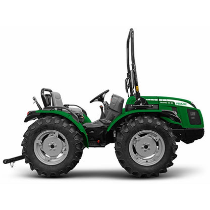 Grön Ferrari Cromo 35 AR midjestyrd kompakttraktor sedd från sidan med störtbåge och lantbruksdäck.