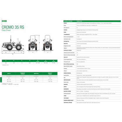 Specifikationsblad och måttskiss för den midjestyrda kompakttraktorn Ferrari Cromo 35 AR.