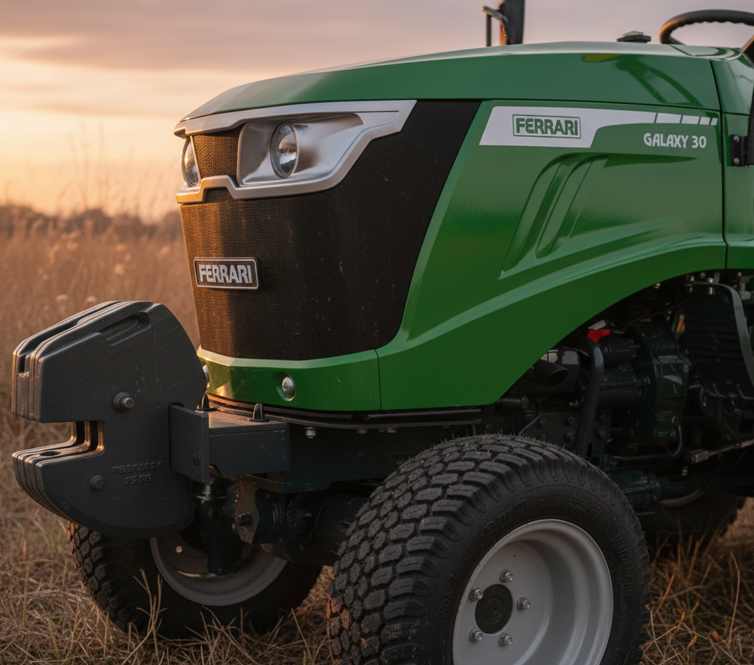 Närbild på fronten av en Ferrari Galaxy 30 kompakttraktor under arbete på ett fält, med fokus på motorhuvens design och de kraftfulla strålkastarna.
