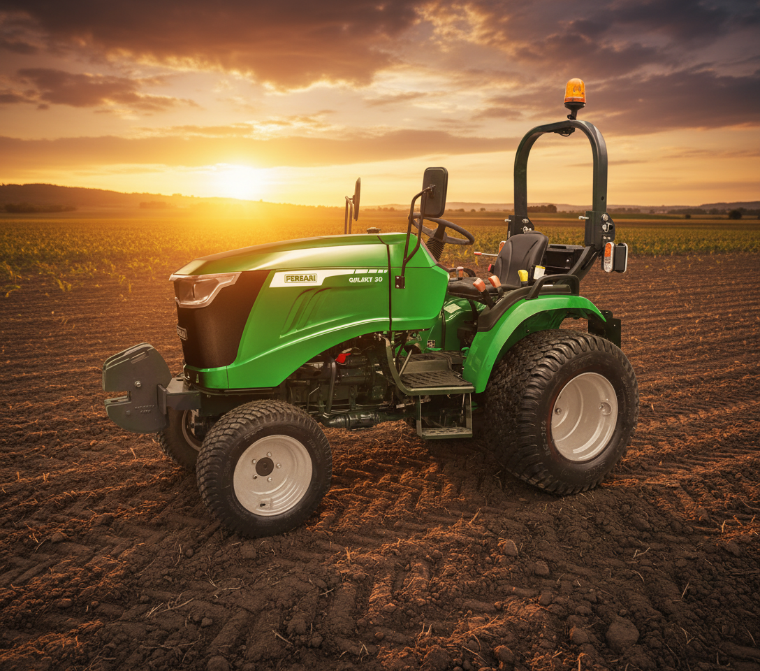 En grön Ferrari Galaxy 30 kompakttraktor parkerad på ett plöjt fält i solljus, vilket visar dess robusta däck och smidiga design för lantbruk.
