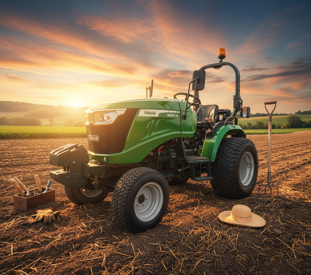 Ferrari Galaxy 30 med fällbar störtbåge uppfälld, drivs av en miljövänlig Mitsubishi Stage V-motor för hållbart lantbruk.