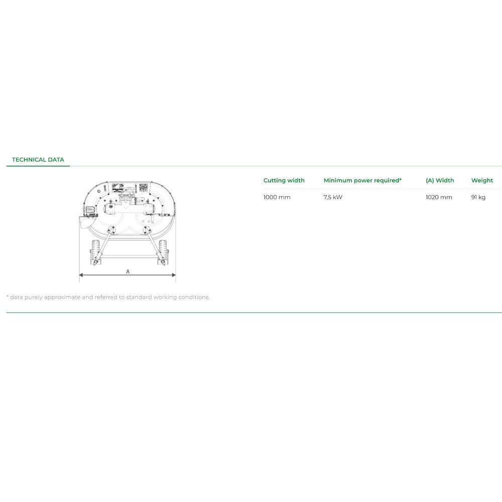 Teknisk specifikation för Ferrari gräsklippare med uppsamlare och 100 cm arbetsbredd.