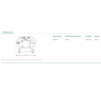 Teknisk specifikation för Ferrari gräsklippare med uppsamlare och 100 cm arbetsbredd.