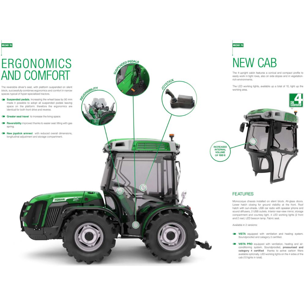 Ferrari Mizar 70 AR midjestyrd traktor med vändbar förarplats och kraftfulla lantbruksdäck.