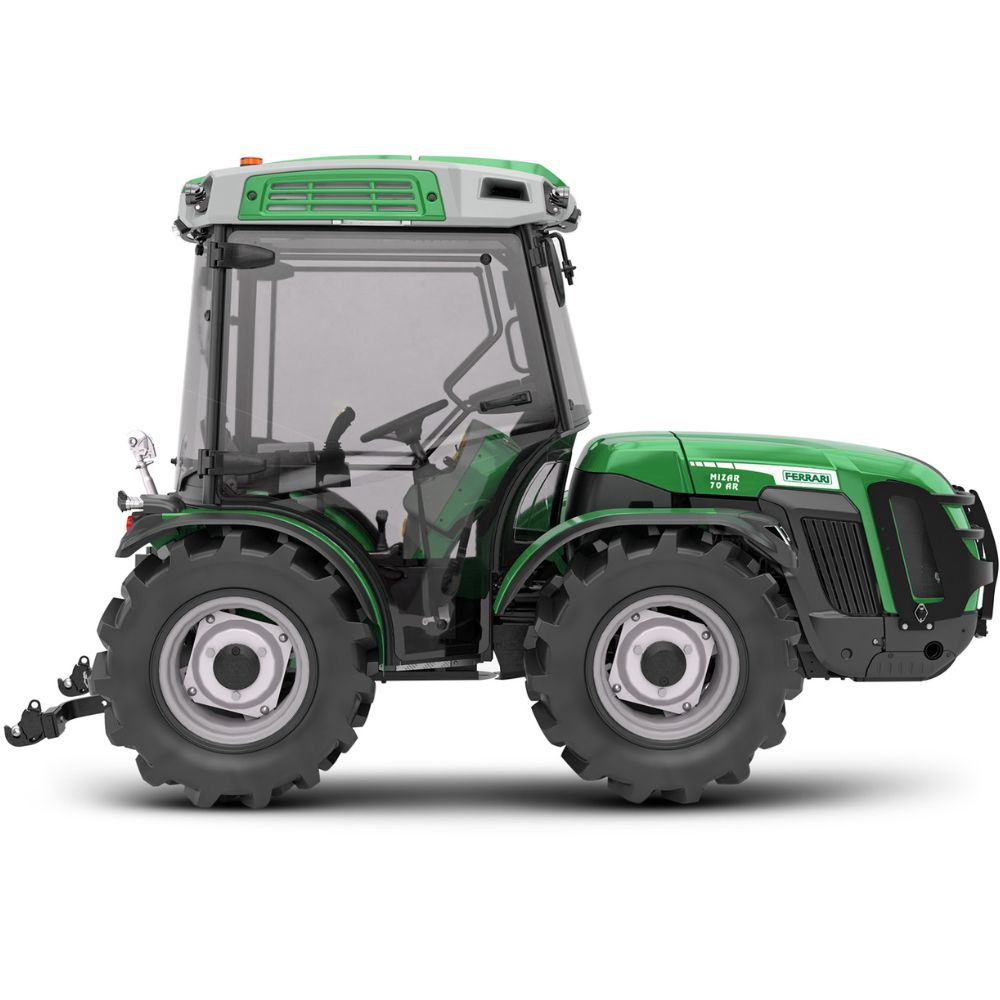 Grön Ferrari Mizar 70 AR traktor med hytt och midjestyrning sedd från sidan.