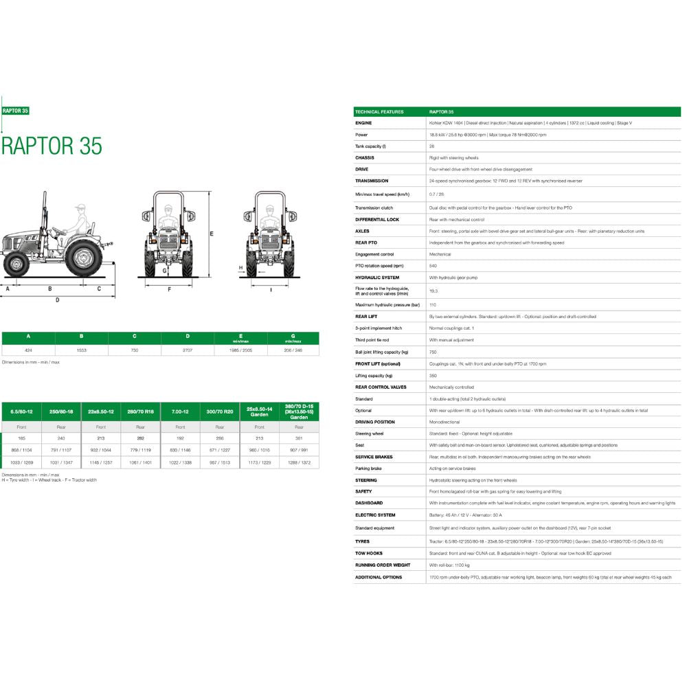 Tabell över tekniska specifikationer och måttskiss för Ferrari Raptor 35 traktor.
