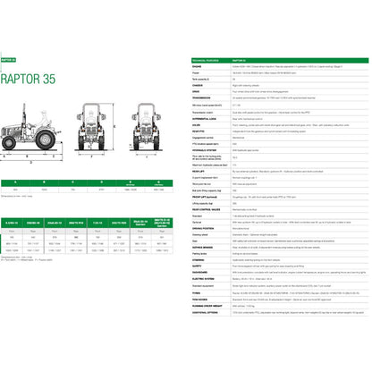 Tabell över tekniska specifikationer och måttskiss för Ferrari Raptor 35 traktor.