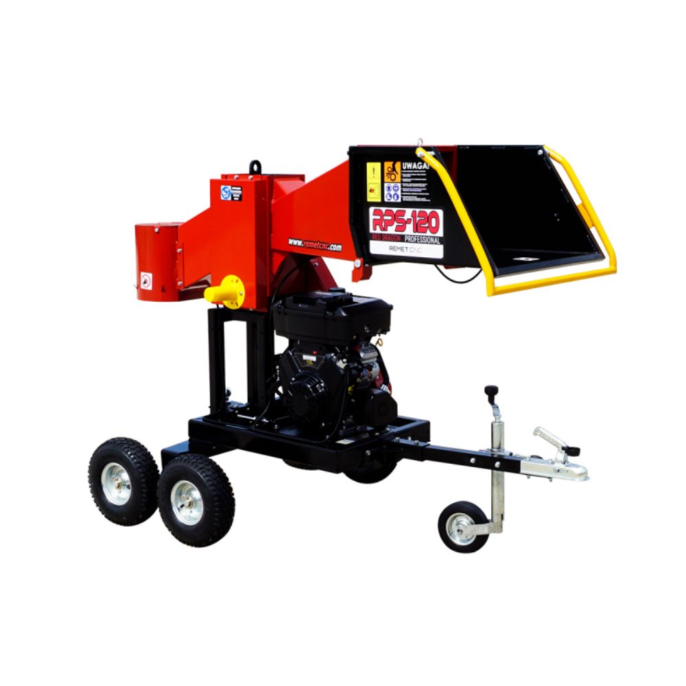 Remet RPS-120 mobil vedmaskin med bensinmotor, trailer, dragkoppling och inmatningstratt