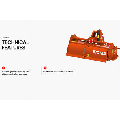 Sicma CS 165 jordfräs – tekniska funktioner: 1-växlad växellåda och förstärkt tvärrör i ramen