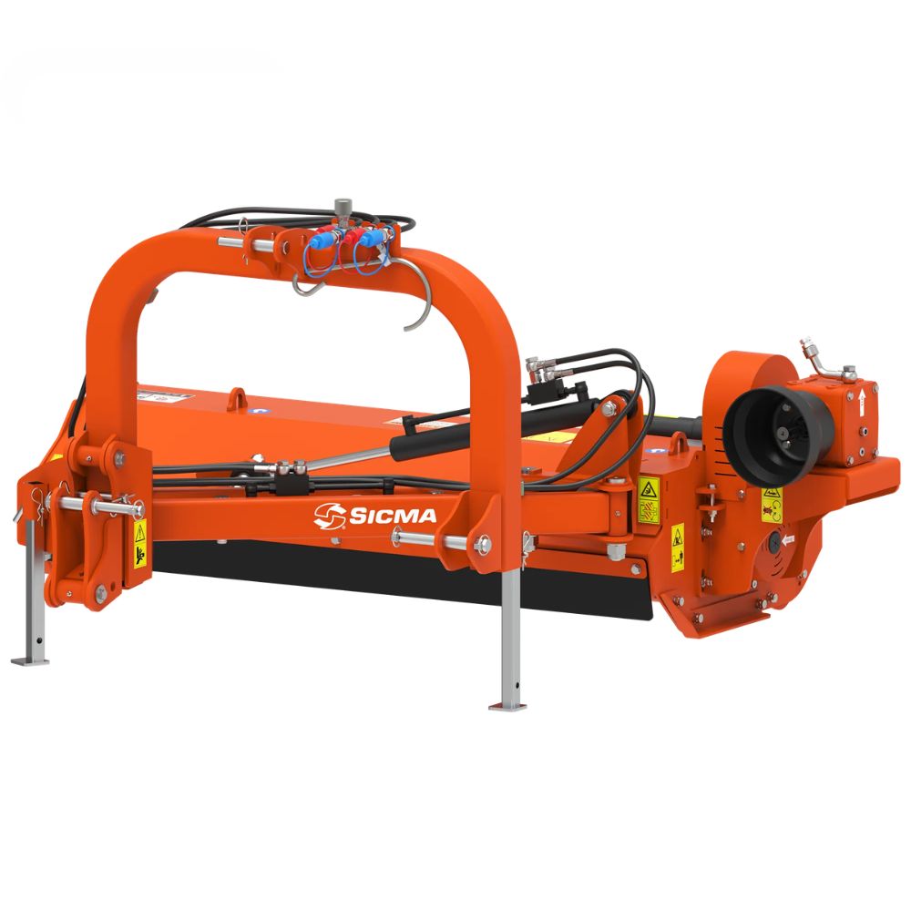 Sicma MA 120 slaghack för traktor sedd bakifrån – robust orange slåttermaskin med hydraularm
