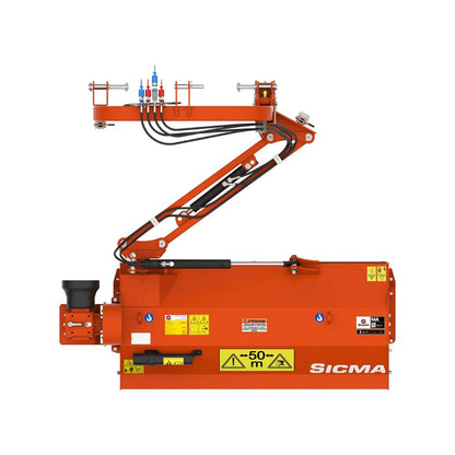 Sicma MA 140 cm betesputs för traktor sedd ovanifrån – robust orange slåttermaskin med hydraularm