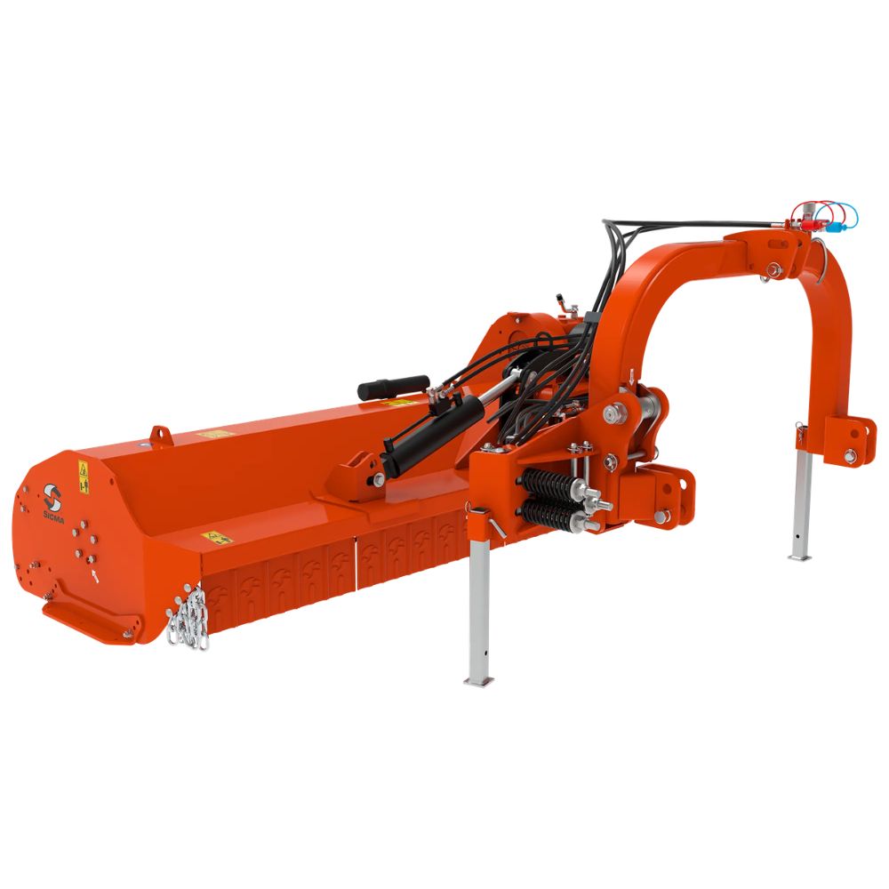 Sicma MPE 200 betesputs och släntklippare i sidovy – orange slaghack med hydraulisk parallelogram och V-remtransmission