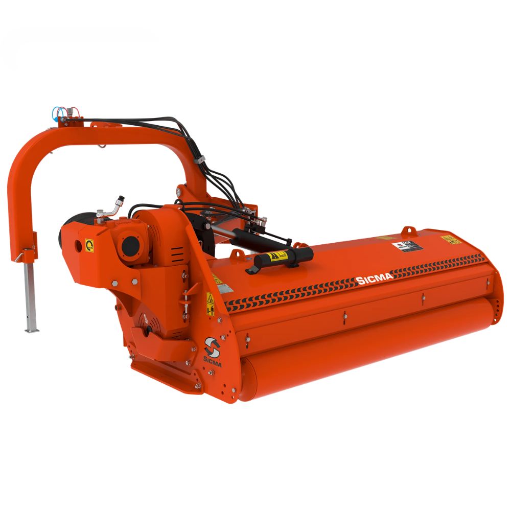 Sicma MPE 200 cm betesputs för traktor sedd framifrån – orange hydraulisk slaghack med 3-punktskoppling kat. 1/2