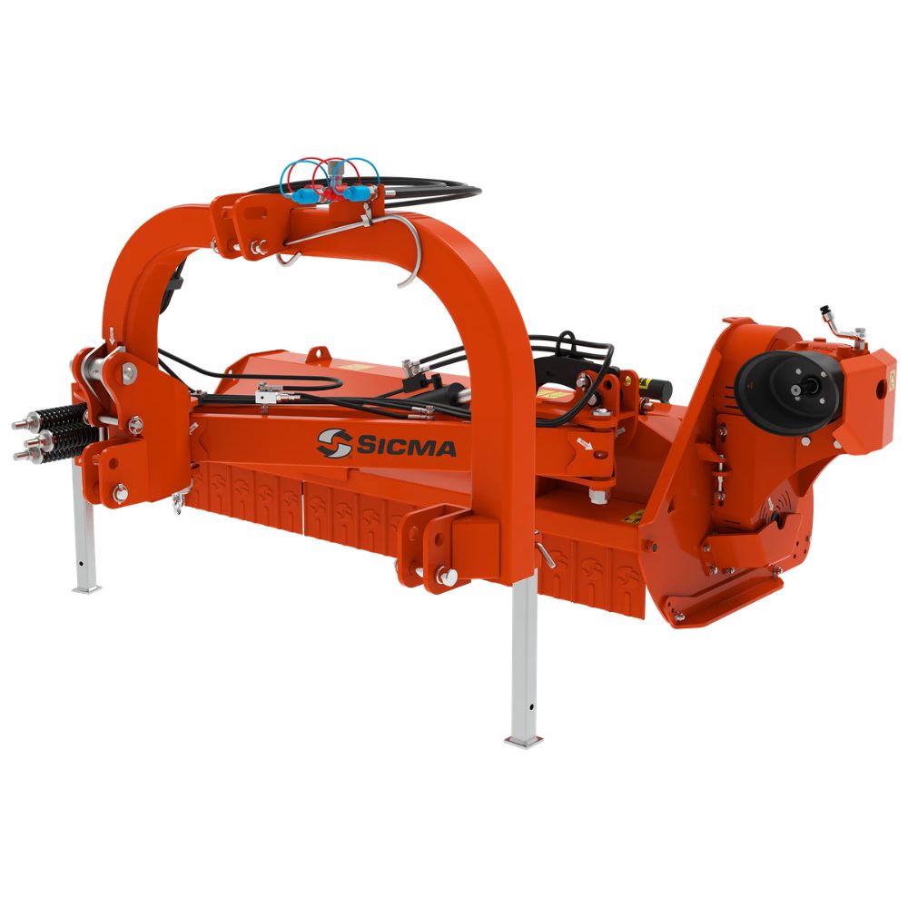 Sicma MPE 200 släntklippare för traktor sedd bakifrån – robust orange slaghack med hydraularm och stabiliseringsvals