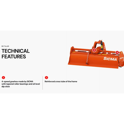 Sicma RD 185 jordfräs – tekniska funktioner: 4-växlad SICMA-växellåda med koniska rullager och förstärkt tvärram