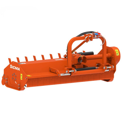 Sicma SL 155 betesputs framifrån – orange hydraulisk slaghack med sidoförskjutning 250 mm och Y-knivar för traktor 25–55 hk