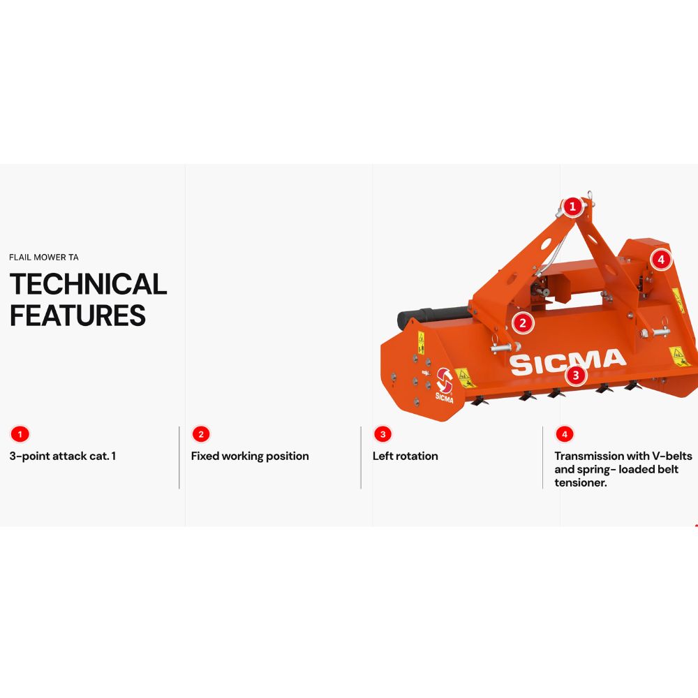 Tekniska egenskaper Sicma TA 125 betesputs – 3-punktskoppling kat. 1, fast arbetsposition, vänsterrotation och V-remtransmission med fjäderdriven remsträckare