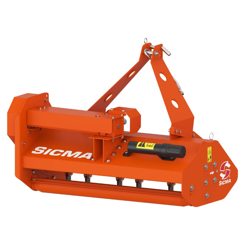 Sicma TA 125 betesputs för traktor sedd bakifrån – orange slaghack med 3-punktskoppling kat. 1 och Y-knivar