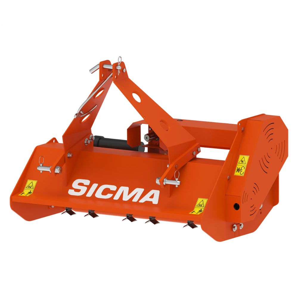 Sicma TA 125 kompakt betesputs i sidovy framifrån – orange slaghack med aluminiumväxellåda och EC-säkerhetsskydd