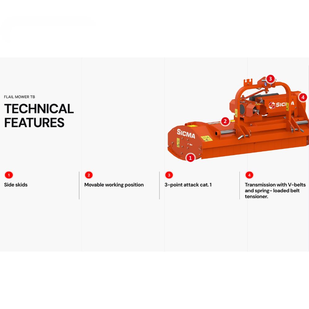 Tekniska egenskaper Sicma TB 140 cm betesputs – sidomedar, förskjutbar arbetsposition, 3-punktskoppling kat. 1 och V-remtransmission med fjäderdriven remsträckare