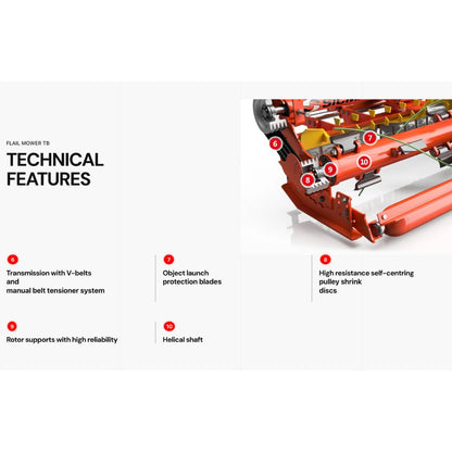 Tekniska detaljer Sicma TB Flail Mower – V-remstransmission, skyddsknivar, rotorlagring och spiralaxel