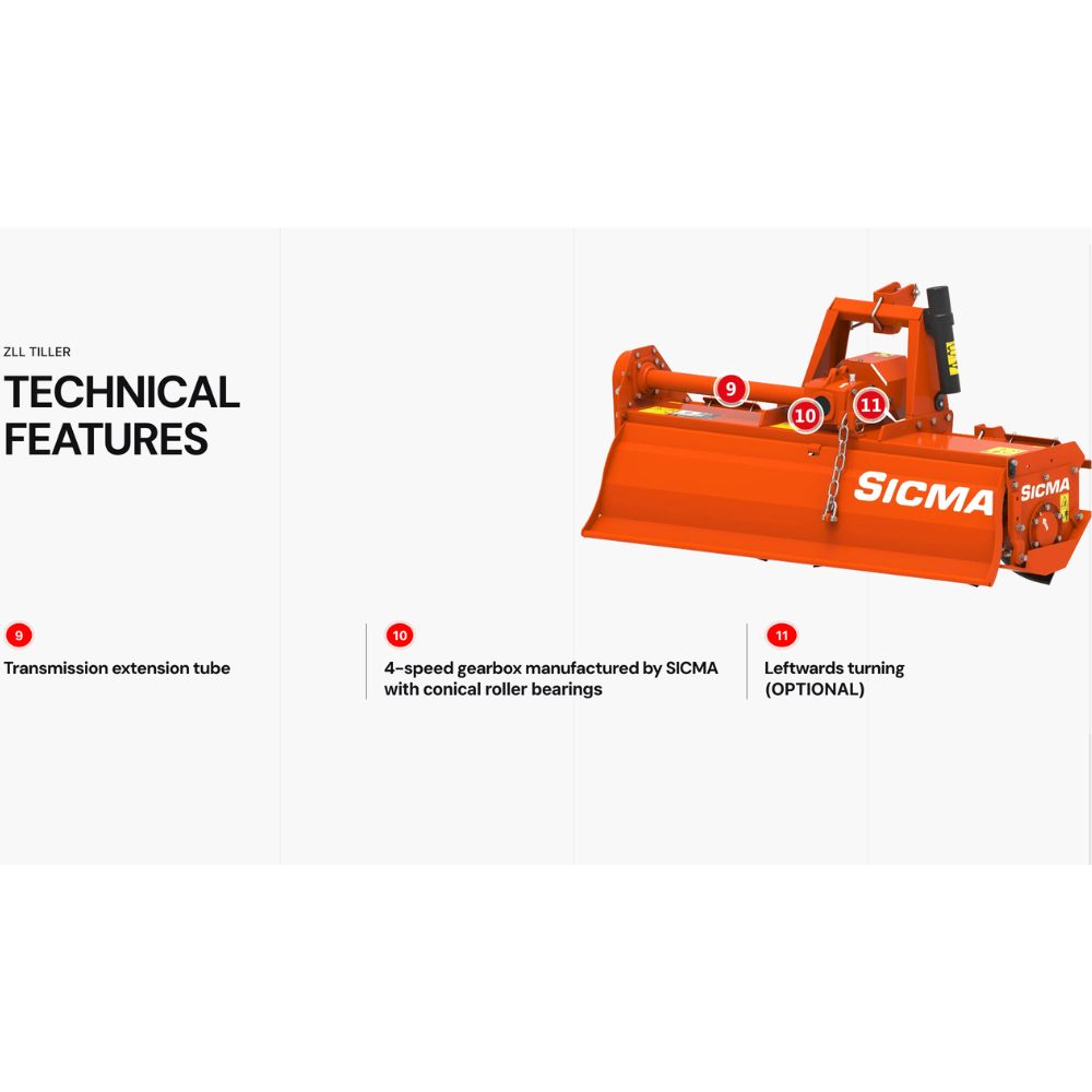 Sicma ZLL 140 jordfräs – tekniska funktioner: transmissionsrör, 4-växlad växellåda och vänstervändning