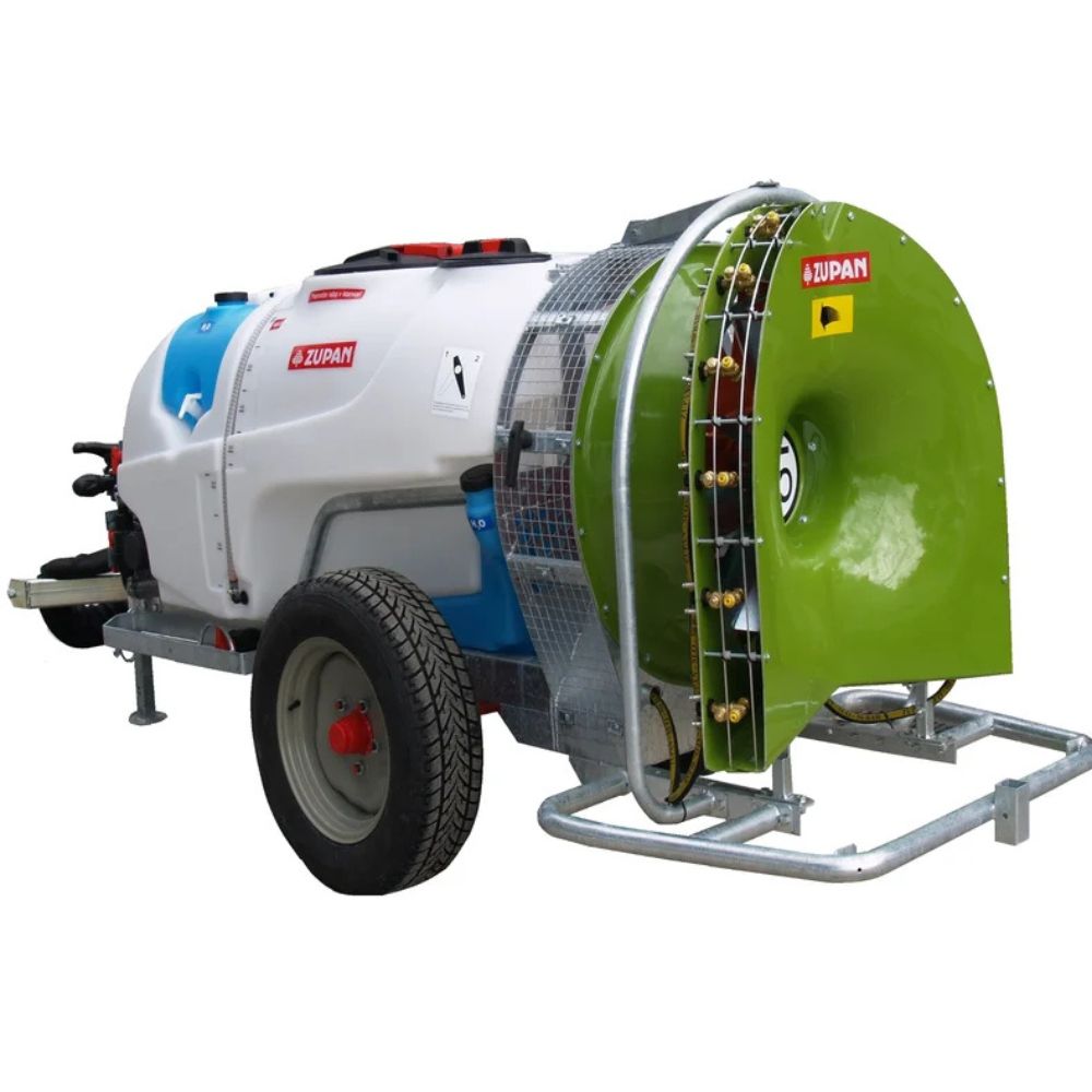 Zupan flakmonterad spruta med tank och fläktaggregat för frukt- och bärodling.