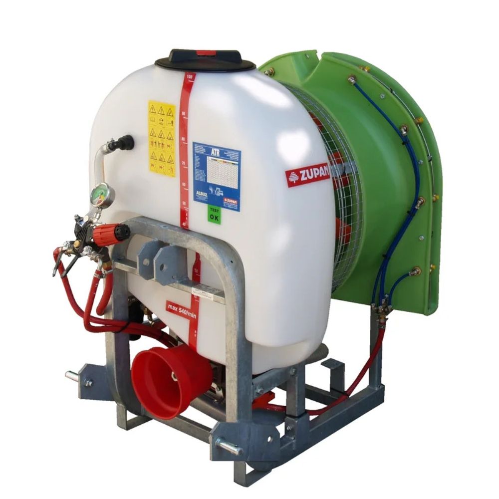 Zupan bakmonterad fläktspruta för fruktodling och jordbruk, robust konstruktion och stor vätskebehållare.